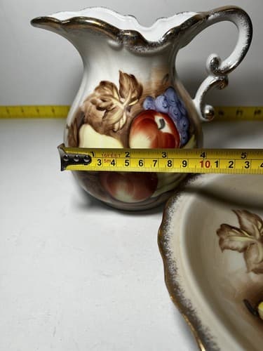Vintage Porcelain Pitcher and Bowl Wash Basin Set Hand painted Fruit Kitchen - Thumbnail 14