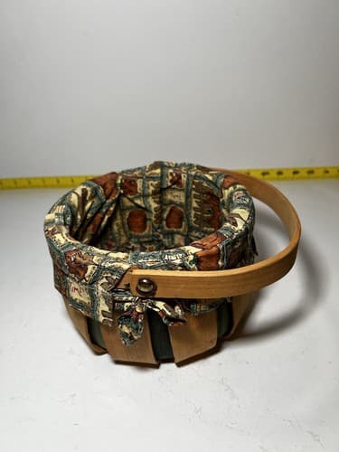 Vintage Wooden Basket Bent Wood Handle Cloth Lined Harvest Nailed Bottom - Thumbnail 12