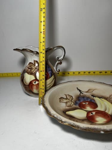 Vintage Porcelain Pitcher and Bowl Wash Basin Set Hand painted Fruit Kitchen - Thumbnail 13
