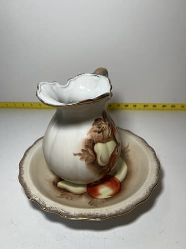 Vintage Porcelain Pitcher and Bowl Wash Basin Set Hand painted Fruit Kitchen - Thumbnail 8