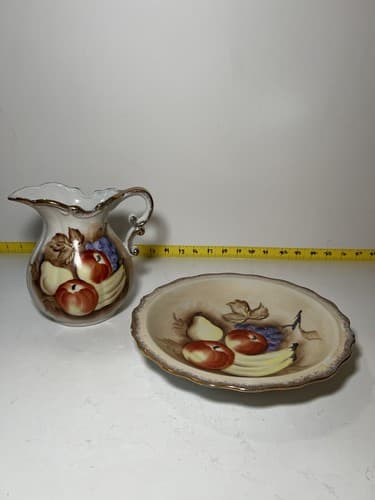 Vintage Porcelain Pitcher and Bowl Wash Basin Set Hand painted Fruit Kitchen - Thumbnail 3