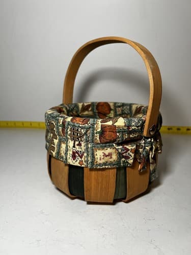 Vintage Wooden Basket Bent Wood Handle Cloth Lined Harvest Nailed Bottom - Thumbnail 2