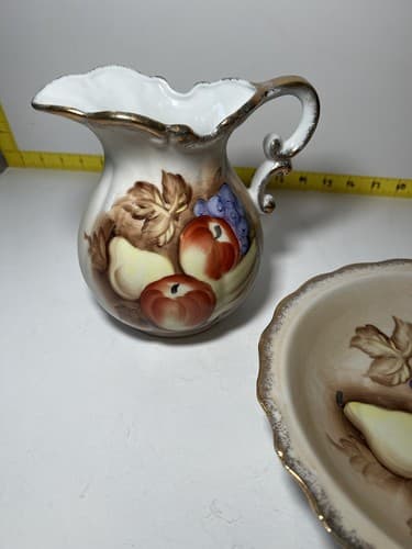Vintage Porcelain Pitcher and Bowl Wash Basin Set Hand painted Fruit Kitchen - Thumbnail 11