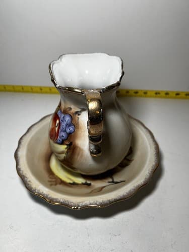 Vintage Porcelain Pitcher and Bowl Wash Basin Set Hand painted Fruit Kitchen - Thumbnail 4