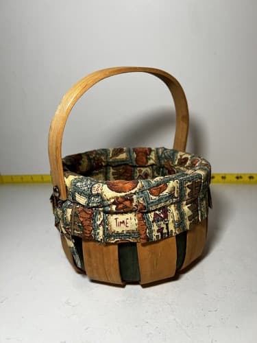 Vintage Wooden Basket Bent Wood Handle Cloth Lined Harvest Nailed Bottom - Thumbnail 6