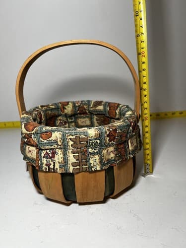 Vintage Wooden Basket Bent Wood Handle Cloth Lined Harvest Nailed Bottom - Thumbnail 14