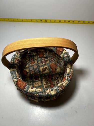 Vintage Wooden Basket Bent Wood Handle Cloth Lined Harvest Nailed Bottom - Thumbnail 4