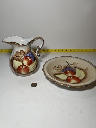 Vintage Porcelain Pitcher and Bowl Wash Basin Set Hand painted Fruit Kitchen - Thumbnail 15
