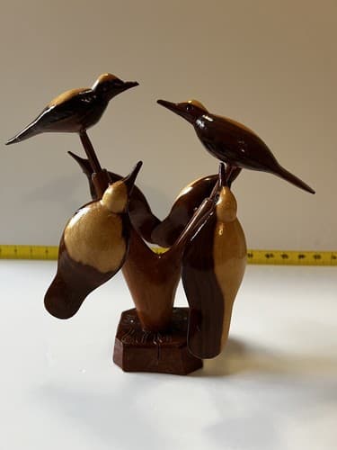 Folk Art Wood Carved Birds on a Tree Vintage Early 20th Century Sculpture Retro - Thumbnail 3