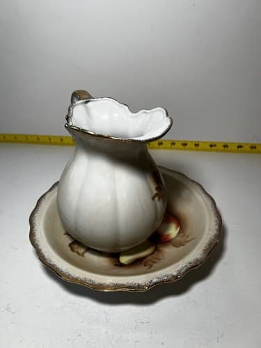 Vintage Porcelain Pitcher and Bowl Wash Basin Set Hand painted Fruit Kitchen - Thumbnail 7