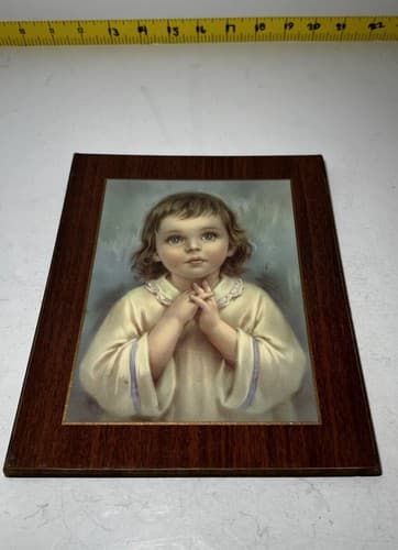 Vintage Praying Child Wooden Lithograph On Wood Little Girl ART PRINT Prayer - Thumbnail 2