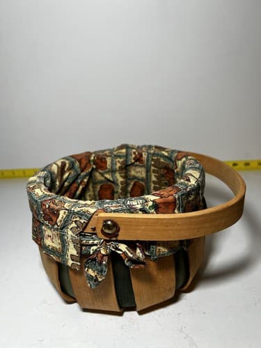 Vintage Wooden Basket Bent Wood Handle Cloth Lined Harvest Nailed Bottom - Thumbnail 11