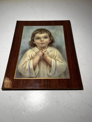 Vintage Praying Child Wooden Lithograph On Wood Little Girl ART PRINT Prayer - Thumbnail 3