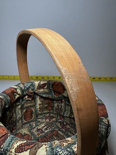 Vintage Wooden Basket Bent Wood Handle Cloth Lined Harvest Nailed Bottom - Thumbnail 10