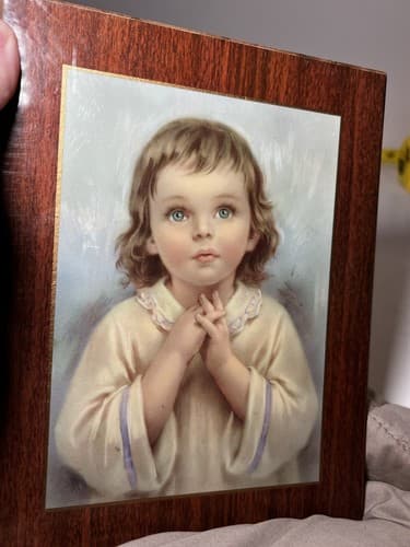 Vintage Praying Child Wooden Lithograph On Wood Little Girl ART PRINT Prayer - Thumbnail 11