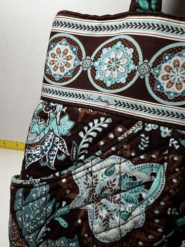 VERA BRADLEY Turquoise Blue Brown Petals Quilted Floral Tote Shoulder Bag Purse - Thumbnail 4