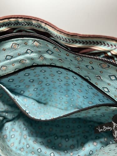 VERA BRADLEY Turquoise Blue Brown Petals Quilted Floral Tote Shoulder Bag Purse - Thumbnail 7
