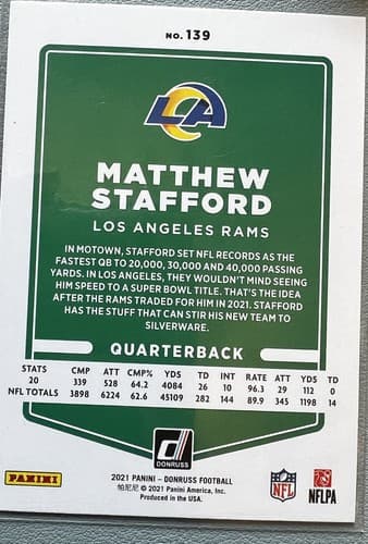 Matthew Stafford 2021 Panini Donruss Blue Press Proof Card #139 Los Angeles Rams - Thumbnail 5