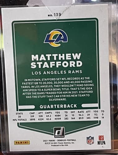 Matthew Stafford 2021 Panini Donruss Blue Press Proof Card #139 Los Angeles Rams - Thumbnail 3