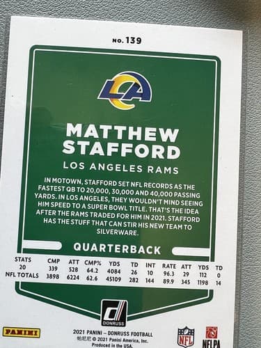 Matthew Stafford 2021 Panini Donruss Blue Press Proof Card #139 Los Angeles Rams - Thumbnail 7