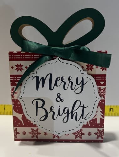 Merry & Brite Christmas Wooden Sign 10”x 6” Real Ribbon Whimsical Holiday Decor