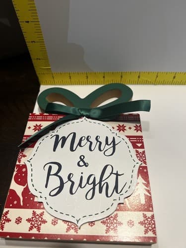 Merry & Brite Christmas Wooden Sign 10”x 6” Real Ribbon Whimsical Holiday Decor - Thumbnail 5
