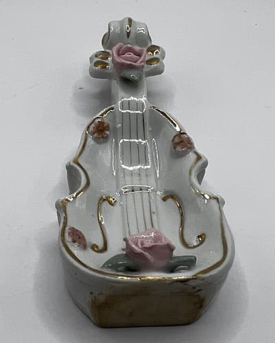 Vintage Mid Century THAMES BONE CHINA Flowered Hand Painted Violin Trinket Dish