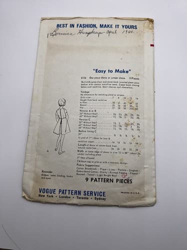 Vintage 1960s Sewing Pattern VOGUE Women’s Dresses 6116 - Thumbnail 2