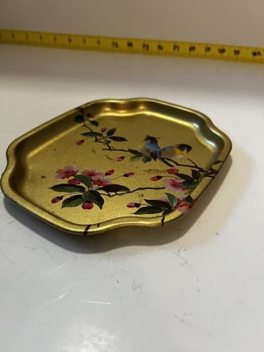 Vintage Gold Tone Tin Tray Made in England by Elite Flowers Birds Small - Thumbnail 3