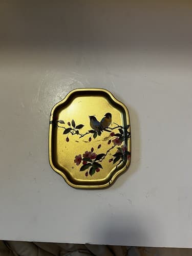Vintage Gold Tone Tin Tray Made in England by Elite Flowers Birds Small - Thumbnail 2