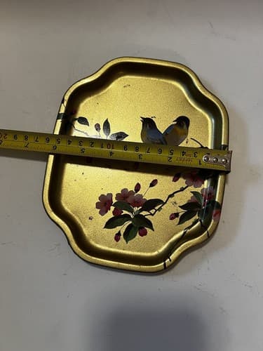 Vintage Gold Tone Tin Tray Made in England by Elite Flowers Birds Small - Thumbnail 6