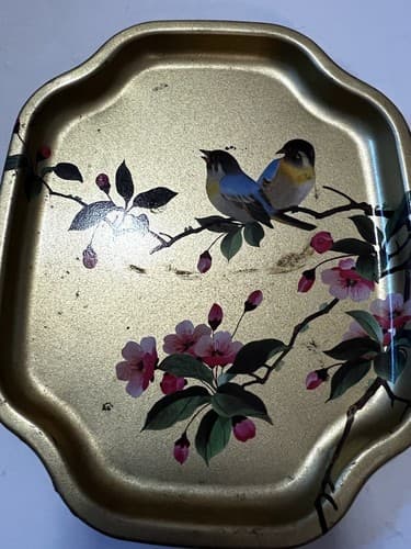 Vintage Gold Tone Tin Tray Made in England by Elite Flowers Birds Small - Thumbnail 5