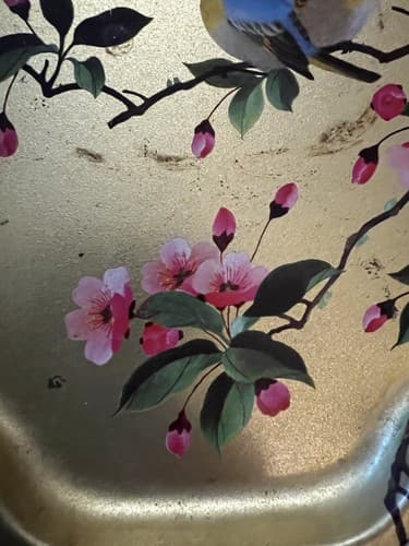 Vintage Gold Tone Tin Tray Made in England by Elite Flowers Birds Small - Thumbnail 8