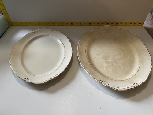 Vintage Crown Potteries Co. Set Of 2 Large Oval Serving Platters Ivory With Gold - Thumbnail 3
