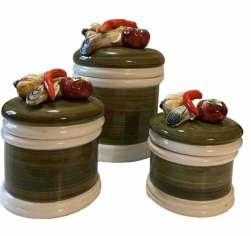 Vintage Garden Harvest Green & White hand painted 1325 japan canister set