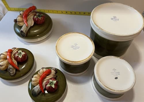 Vintage Garden Harvest Green & White hand painted 1325 japan canister set - Thumbnail 6