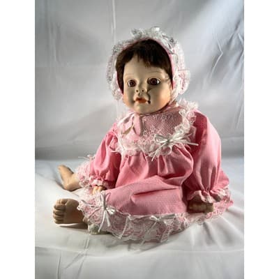 Vintage Porcelain Doll Rich by Nine 2000 Handmade Dress Bonnet Unique Detail - Thumbnail 3