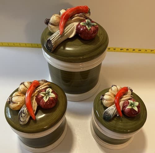 Vintage Garden Harvest Green & White hand painted 1325 japan canister set - Thumbnail 2