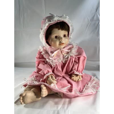 Vintage Porcelain Doll Rich by Nine 2000 Handmade Dress Bonnet Unique Detail