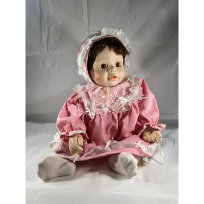 Vintage Porcelain Doll Rich by Nine 2000 Handmade Dress Bonnet Unique Detail - Thumbnail 2