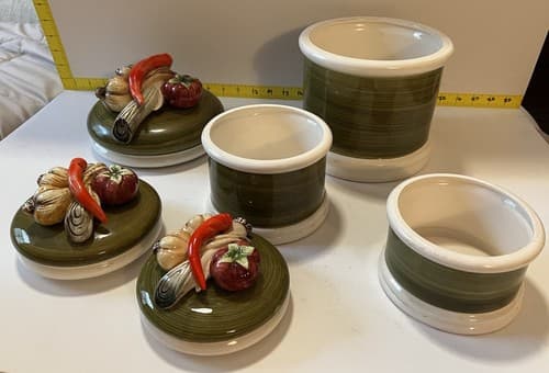 Vintage Garden Harvest Green & White hand painted 1325 japan canister set - Thumbnail 5