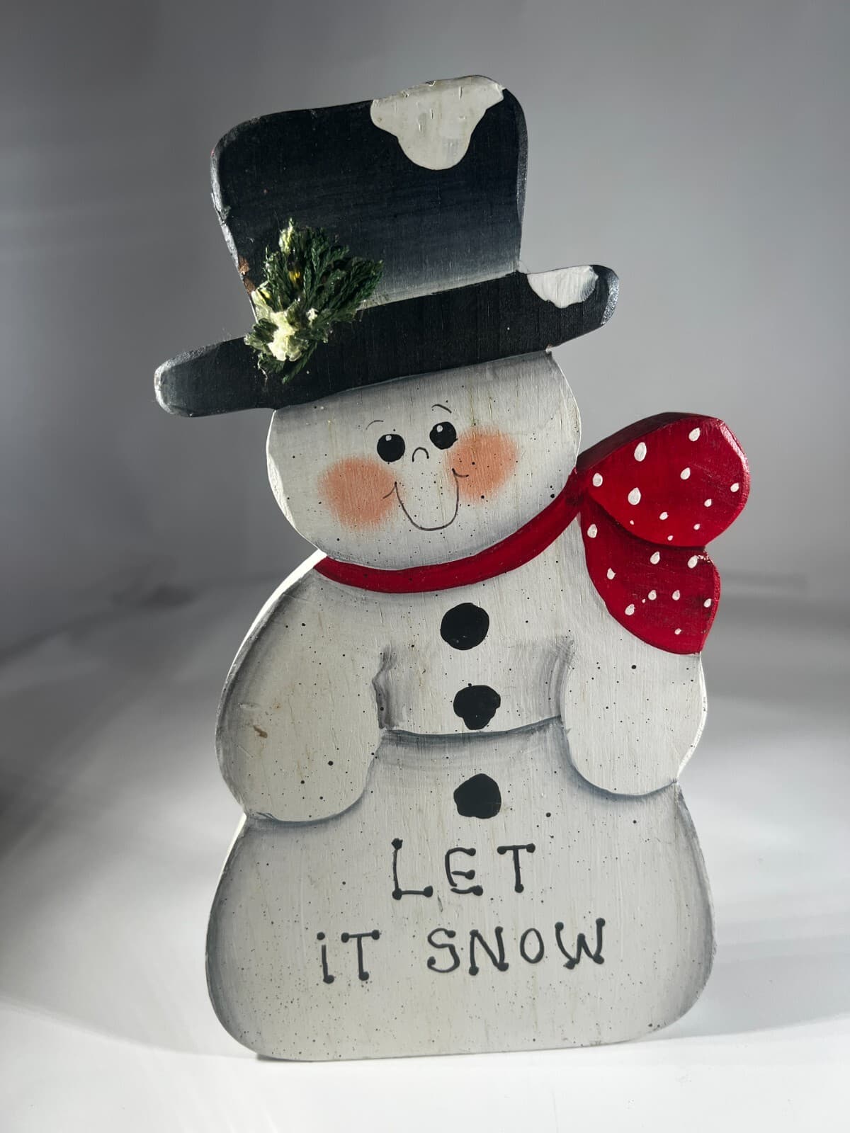 Vintage Christmas Handpainted Folk Snowman Let It Snow Wooden Decor - Thumbnail 2