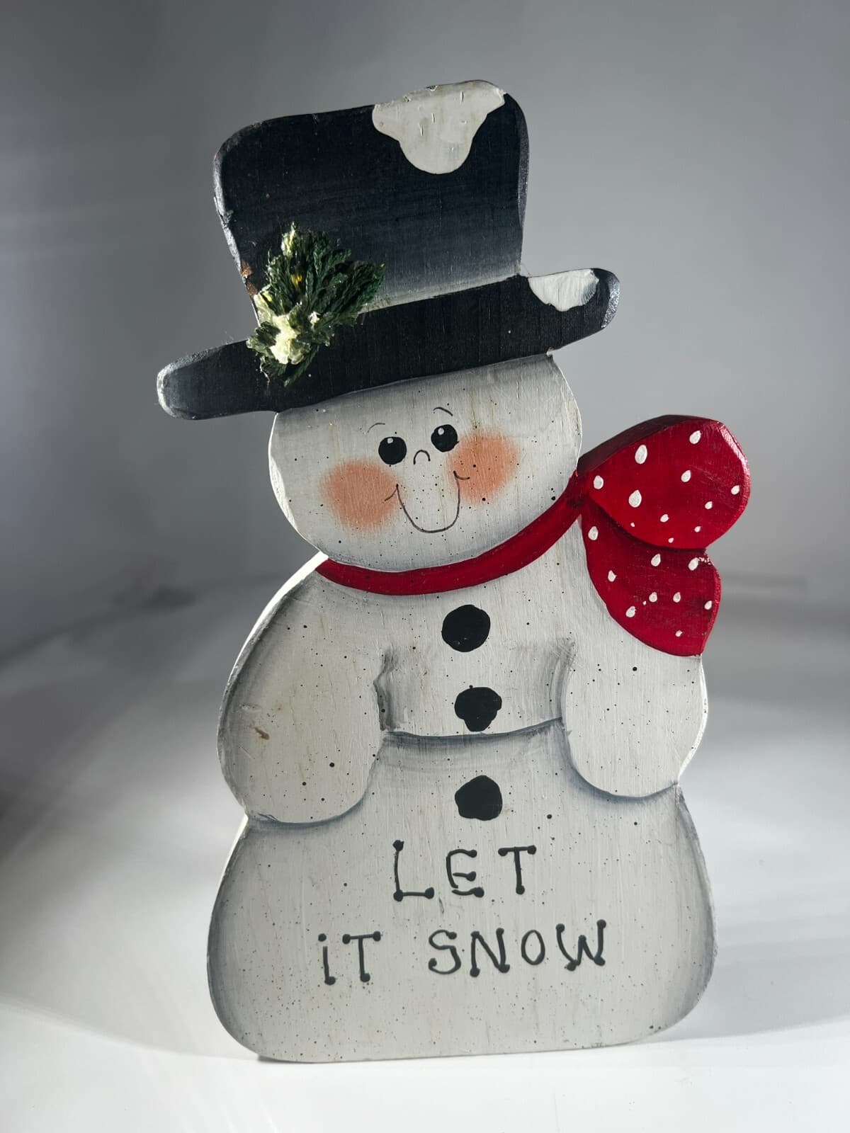 Vintage Christmas Handpainted Folk Snowman Let It Snow Wooden Decor