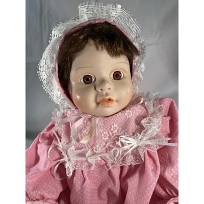 Vintage Porcelain Doll Rich by Nine 2000 Handmade Dress Bonnet Unique Detail - Thumbnail 5