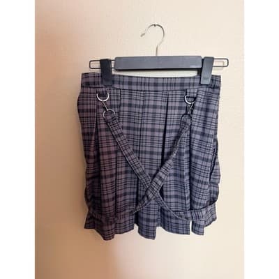 Hot Topic Plaid Pattern Suspender Pleated Combo Mini Skirt Gray Black XS - Thumbnail 6