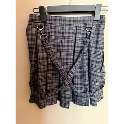 Hot Topic Plaid Pattern Suspender Pleated Combo Mini Skirt Gray Black XS - Thumbnail 2