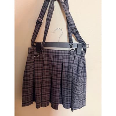 Hot Topic Plaid Pattern Suspender Pleated Combo Mini Skirt Gray Black XS - Thumbnail 7