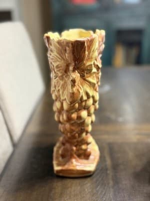 Vintage McCoy Pottery Grape Cluster Planter Vase 9.5” Majolica Style Leaves - Thumbnail 3