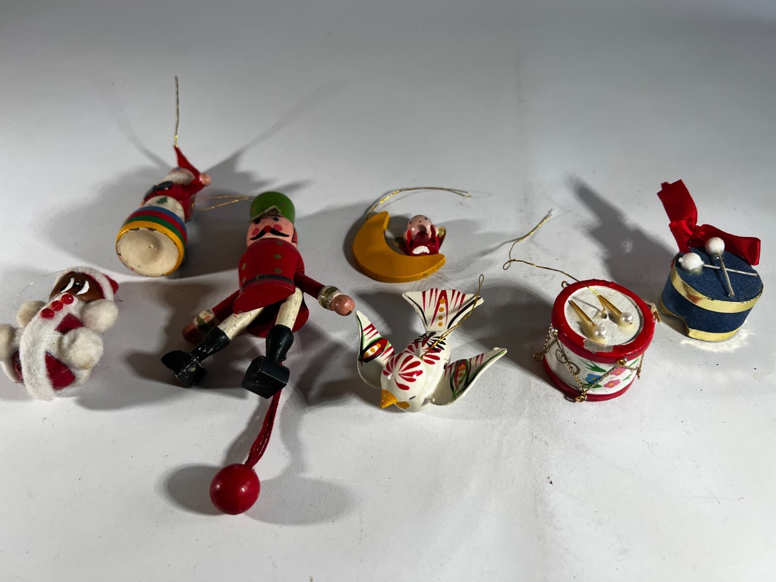Vintage Christmas Ornament Wooden Soldier Marionette Moon Drum Set of 7 - Thumbnail 2
