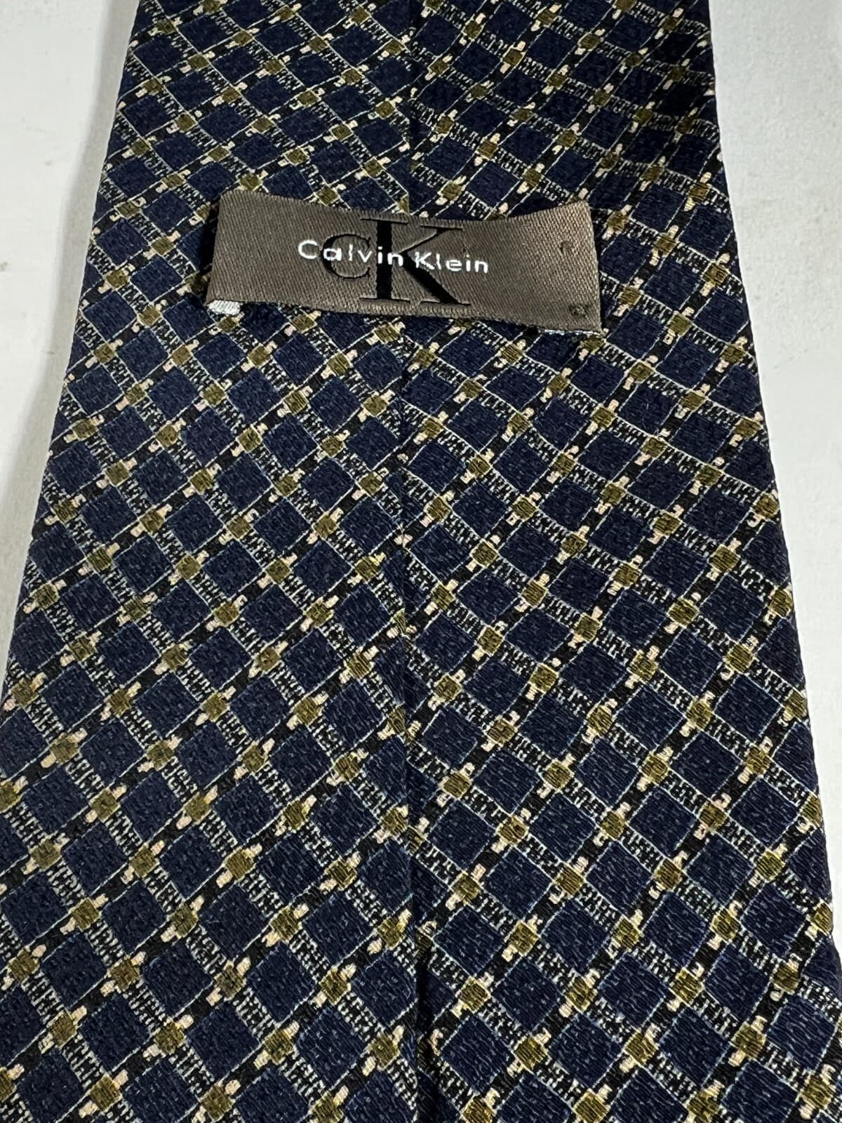 Calvin Klein Necktie Tie Silk Vintage Navy Blue Textured Small Check Pattern - Thumbnail 4
